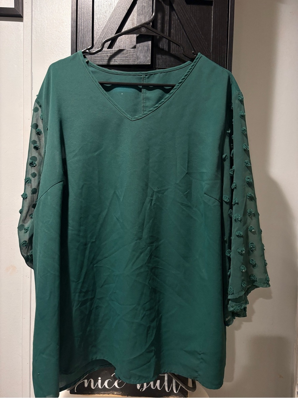 Emerald Green V-Neck Blouse with Pom Pom Sheer Sleeves